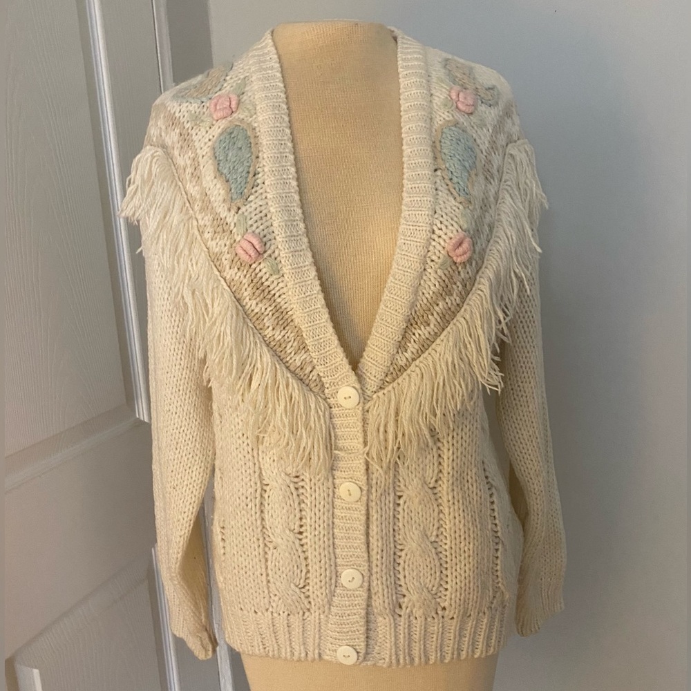 Vintage JJ Fargo Handknit Ivory Cable Knit Fringe Cardigan Sweater Size L